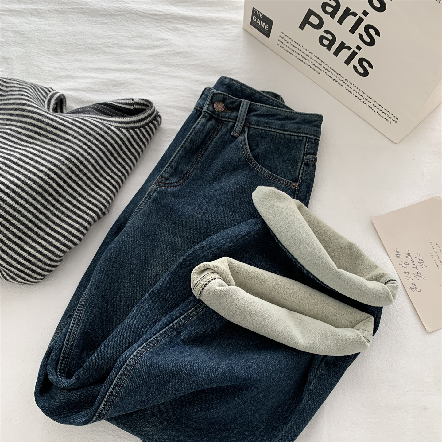 洋气复古刺绣高腰阔腿牛仔裤