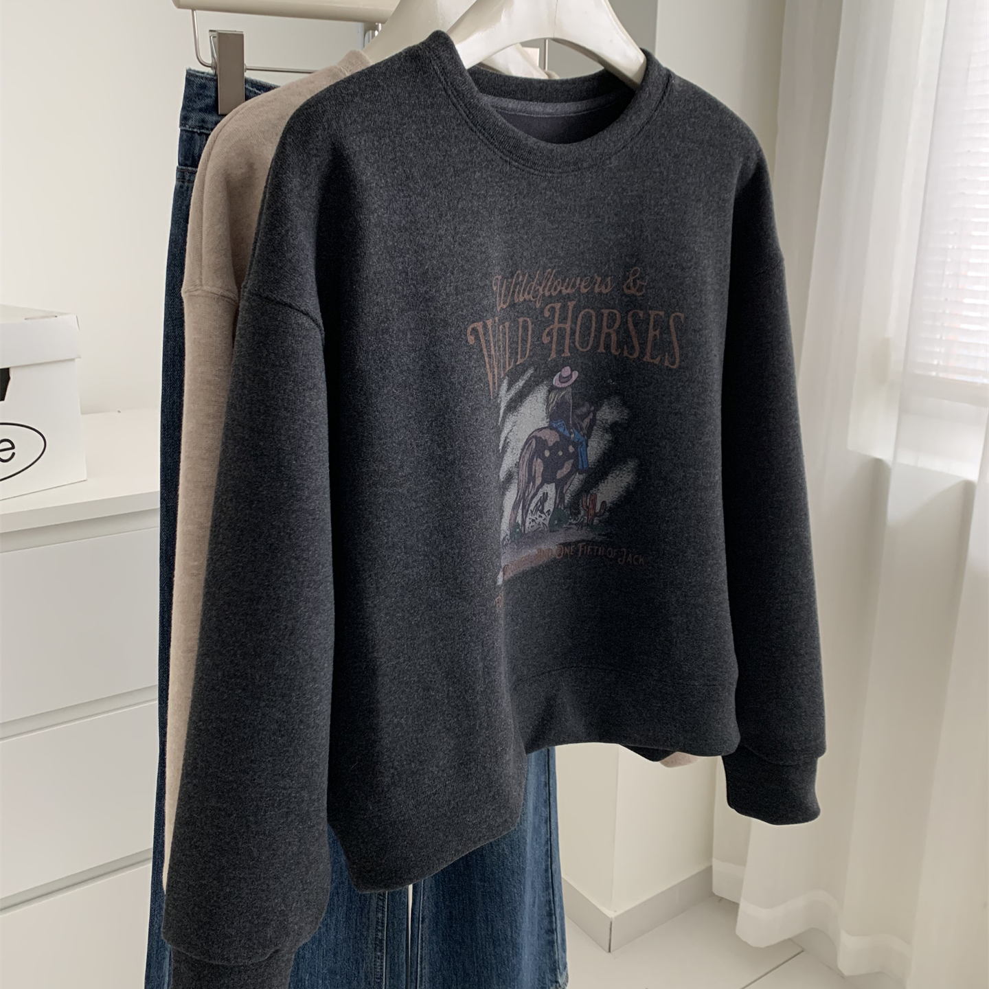 没事复古印花毛巾绒套头卫衣