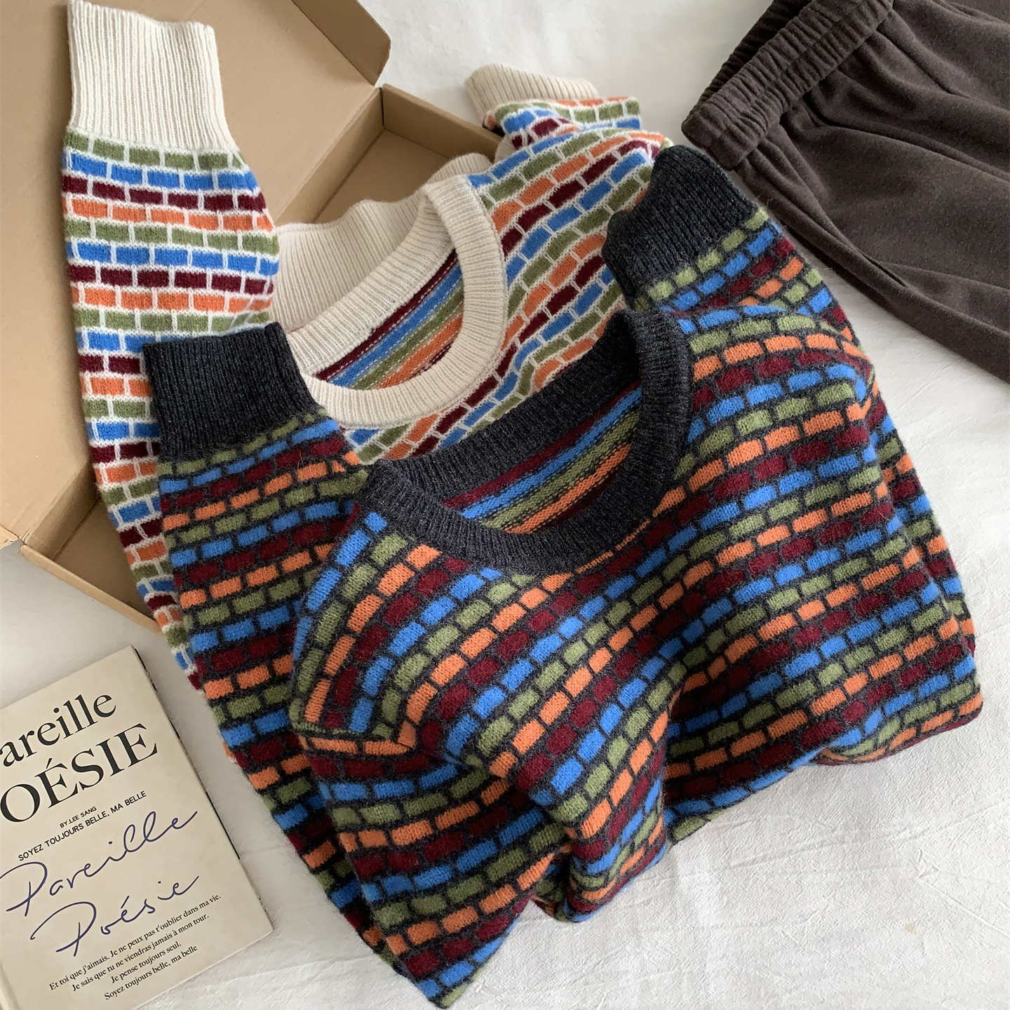 法式复古彩色方格羊毛套头毛衣