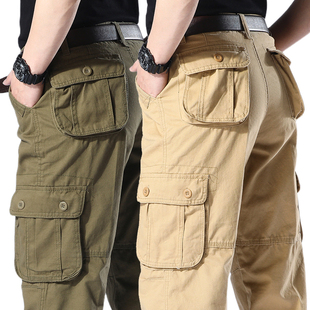 新款纯棉休闲长裤中腰裤子男多口袋工装裤加肥加大宽松高腰马裤子