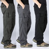 男春秋冬松紧腰长裤 男士 高腰工装 多口袋大码 子 裤 纯棉耐磨休闲裤