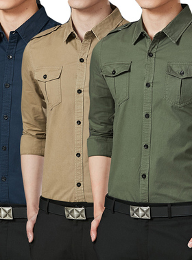 纯棉衬衫男长袖加大码男装休闲衬衣外套透气军绿色工装衣服爸爸装
