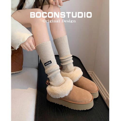 油叽叽~真皮羊毛雪地靴女冬季加绒加厚保暖棉鞋厚底增高短筒靴子