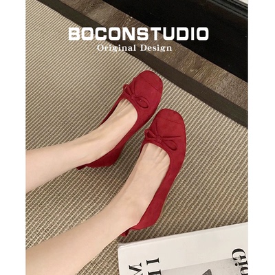 晚晚风法式红色单鞋女2025秋款圆头芭蕾风蝴蝶结柔软面浅口平底鞋