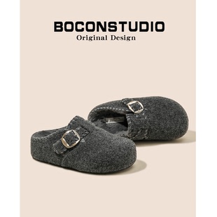 保暖雪地靴 女秋冬外穿包头博肯鞋 增高4CM 厚底半拖加绒毛毛勃肯鞋