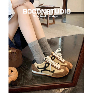 拼色休闲阿甘鞋 女大头运动户外登山板鞋 复古内增高德训鞋 真皮版