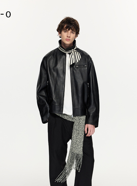 Re0黑色新西兰进口绵羊皮刺绣经典机车翻领拉链短款皮衣夹克外套