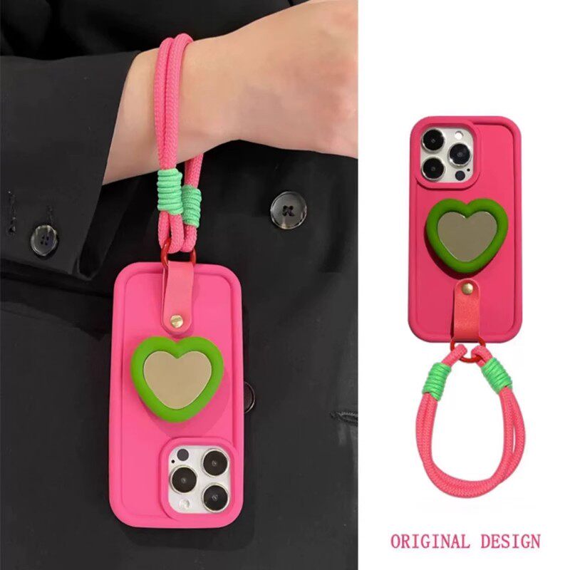 玫红爱心补妆镜适用苹果16promax手机壳15plus斜挎带挂绳iPhone14/13pro腕带支架12mini高级感16pm防摔保护套