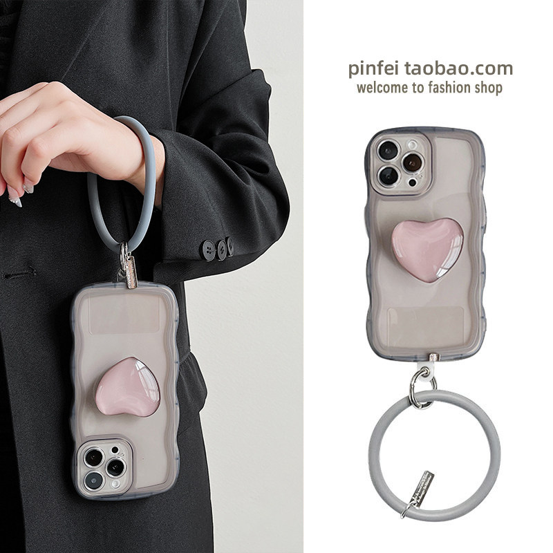 高级灰爱心支架适用苹果17promax手机壳16plus带手环iPhone15/14/13/12Pro高级感17air女创意pm带挂绳保护套