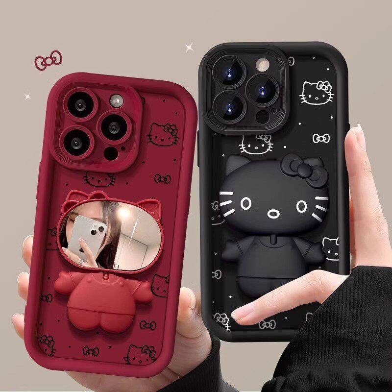 卡通kitty猫化妆镜支架适用苹果17promax手机壳16plus立体iPhone14/13/12pro高级感15pro新年款16防摔保护套