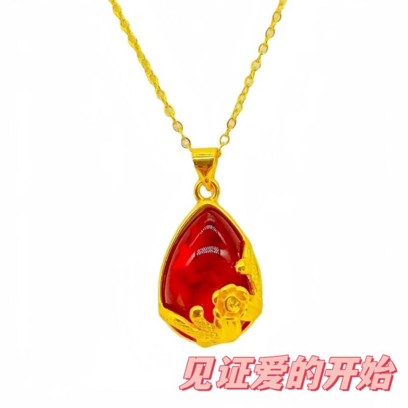玫瑰花红色水滴吊坠项链