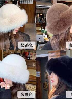 毛绒蒙古帽子女秋冬防寒白色保暖东北盆帽护耳帽狐狸毛渔夫帽毛毛