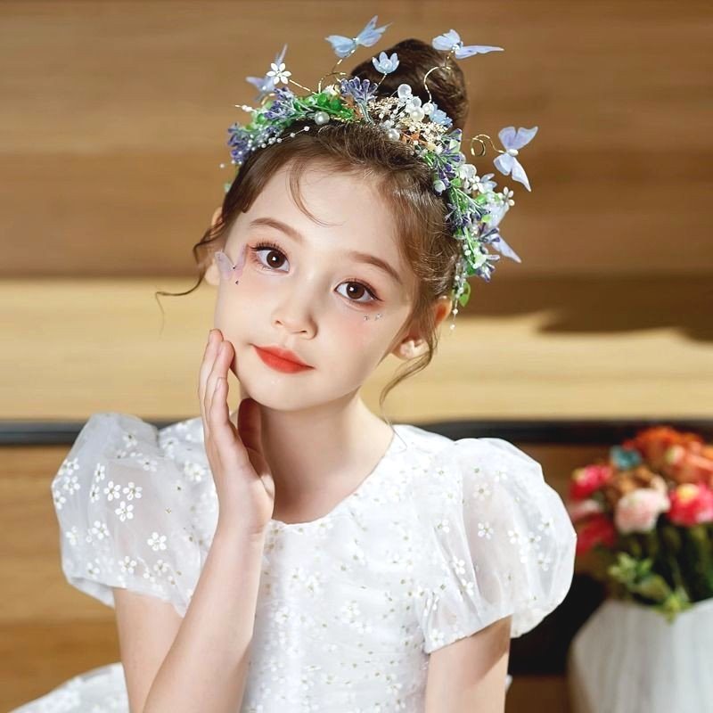 蝴蝶精灵仙子头饰儿童蓝色花环发饰女童演出礼服皇冠王冠发箍