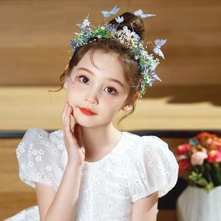 蝴蝶精灵仙子头饰儿童蓝色花环发饰女童演出礼服皇冠王冠发箍