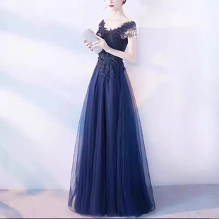 晚礼服女款深蓝一字肩主持人长款裙子晚会蓬蓬裙短袖性感年会