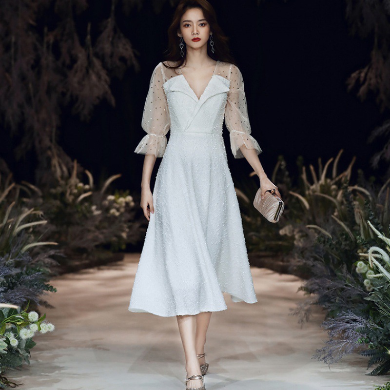 白色法式小晚礼服裙女宴会仙气学生名媛生日平时可穿仙气质伴娘服