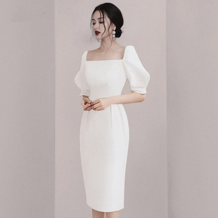 赫本风白色毕业礼服女2025冬季新款气质晚会主持人正装欧美晚礼服