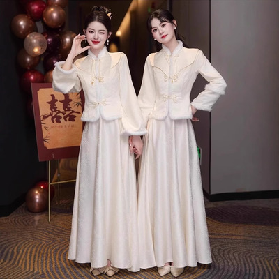 中式伴娘服秋冬季婚礼姐妹团旗袍国风高级感长袖礼服裙女平时可穿