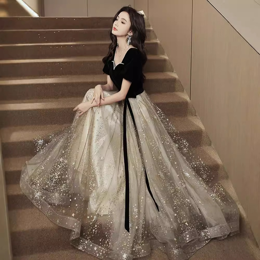 艺考主持人晚礼服高三学生毕业典礼高中黑色2025新款成人女伴娘服