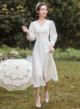 领证登记平时可穿法式微胖长袖小白裙伴娘服轻婚纱礼服订婚连衣裙