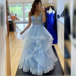 欧美跨境新款 蓝色公主梦幻婚纱2025性感吊带V领公主裙派对晚礼服