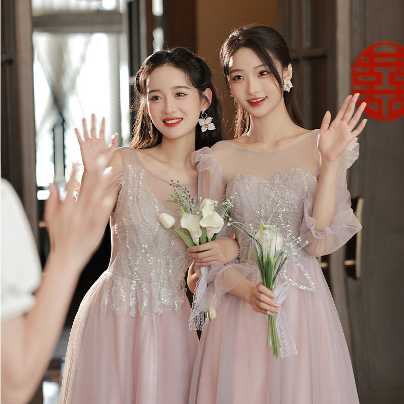 粉色伴娘服2024新款夏季长款婚纱