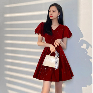 新娘敬酒服平时可穿秋冬薄款红色礼服订婚连衣裙小个子短款小礼服