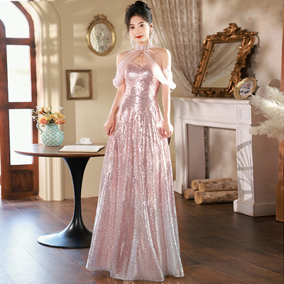 粉色晚礼服女2025新款法式高级感轻奢重工生日派对一字肩宴会礼服