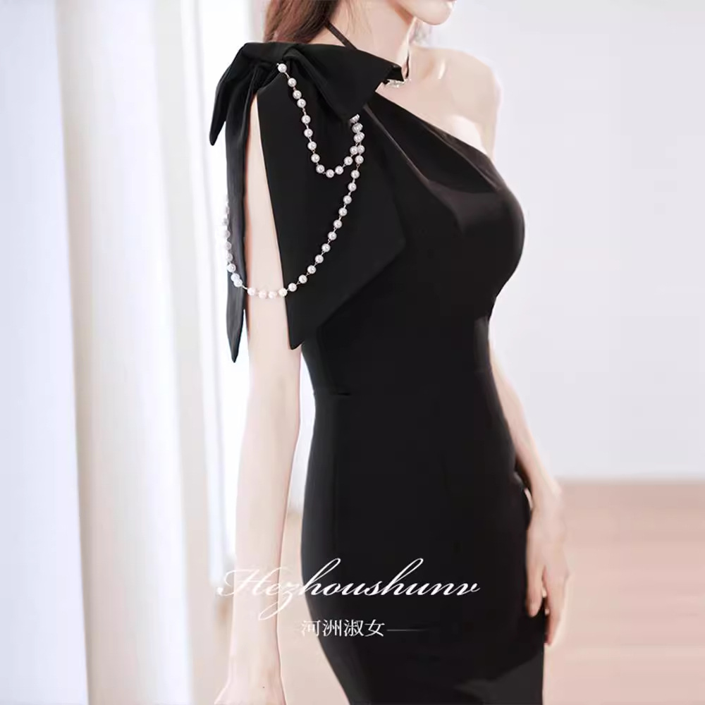 晚礼服女宴会气质轻奢小众高端名媛修身法式高级感单肩裙黑色洋装