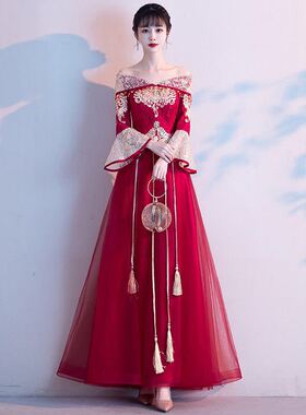 一字肩敬酒服2026新款中式大气长款孕妇遮肚子新娘结婚红色礼服女