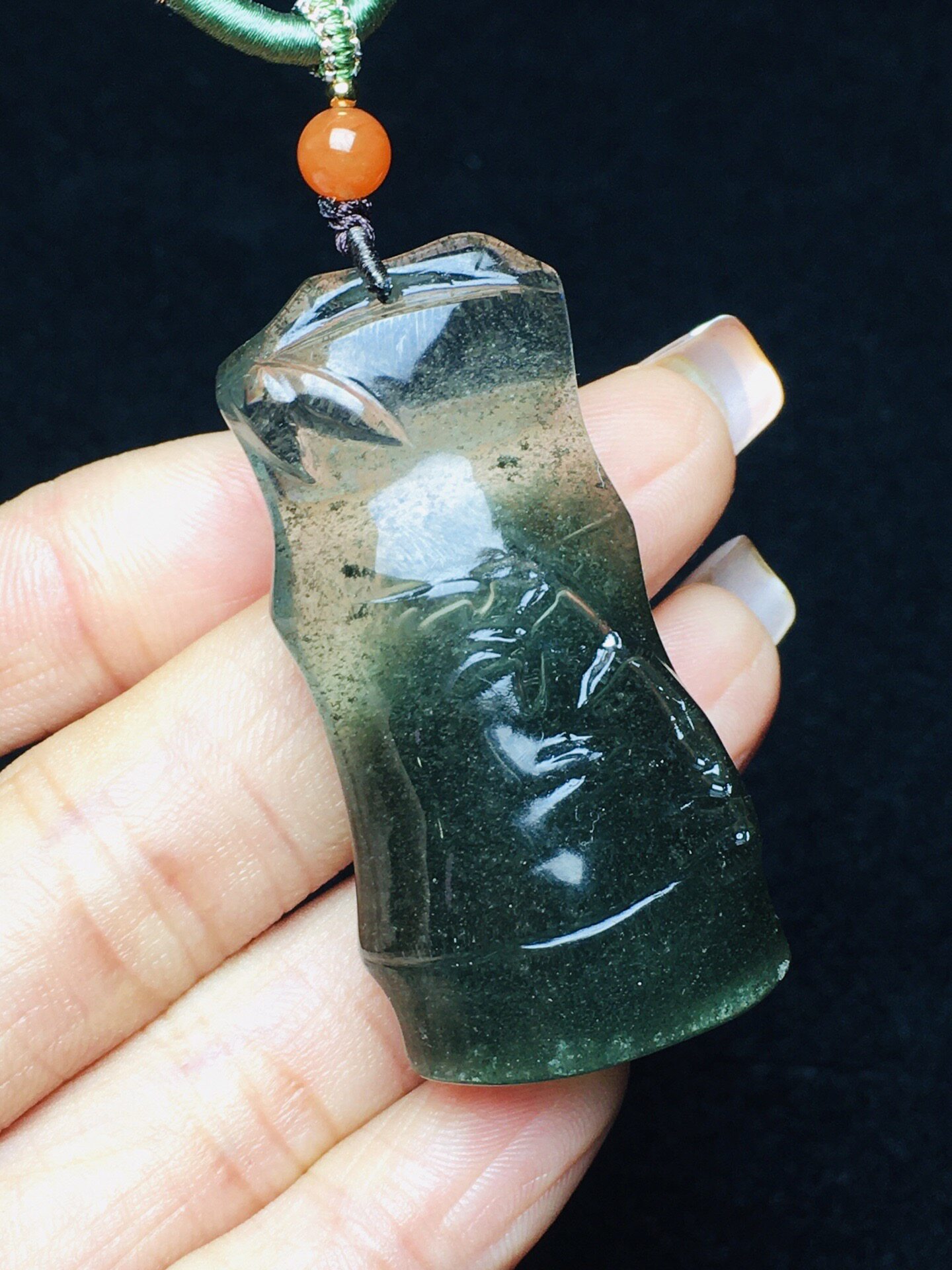 天然绿幽灵竹节水晶吊坠47×24×14mm男女项链雕刻毛衣链礼物饰品