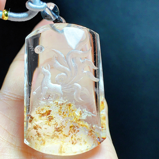 东海水晶天然雕刻九尾狐胶花吊坠男女款项链百搭平安无事牌毛衣链