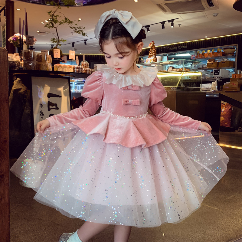 女童礼服蝴蝶结加绒连衣裙秋冬亮片公主蓬蓬纱裙比赛生日礼服