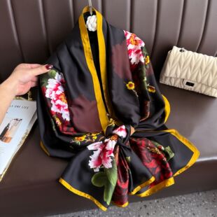 春秋新款 女式 仿真丝围巾轻奢气质披肩时尚 百搭scarf 花朵印花丝巾