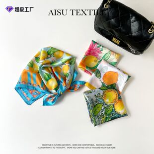 夏日复古印花缎面方巾波西米亚海盐柠檬丝巾百搭海边度假围腰抹胸