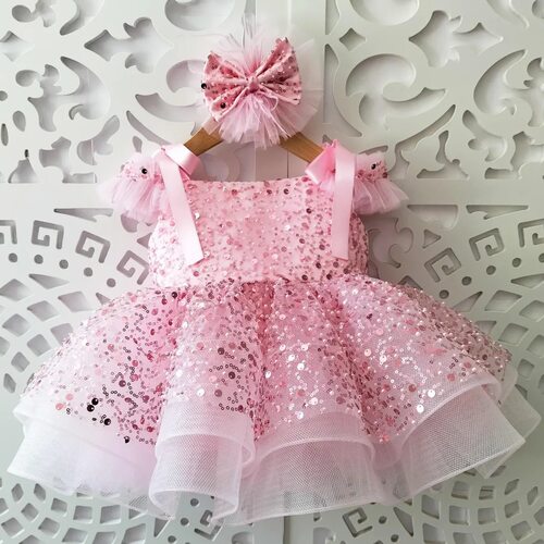 Children Princess Dress周岁女宝宝礼服蝴蝶结蓬蓬裙亮片公主裙
