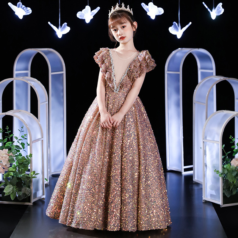 儿童礼服2025秋季新款亮片女童主持人走秀晚礼服钢琴演奏演出服