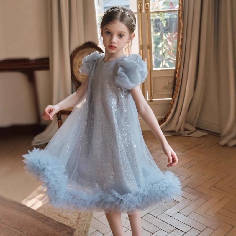跨境儿童礼服公主裙2025新款亮片泡泡袖洋气儿童生日蓬蓬纱蛋糕裙