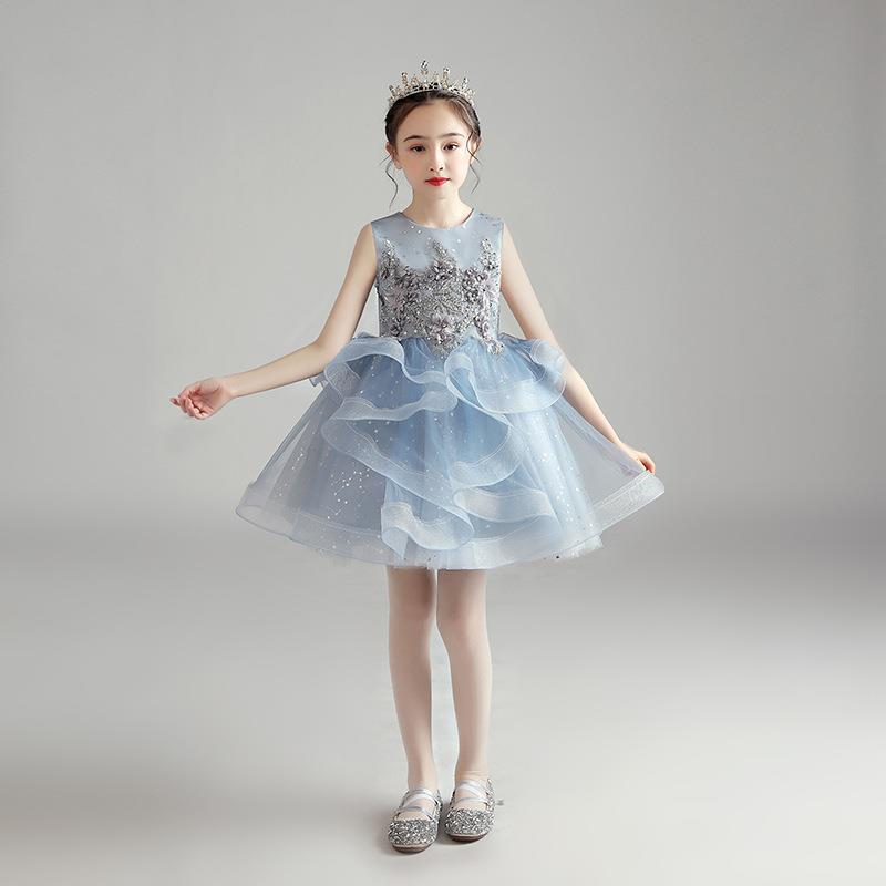 女童走秀礼服2025新款蓝色网纱暑假演出蓬蓬礼服裙儿童演出礼服冬