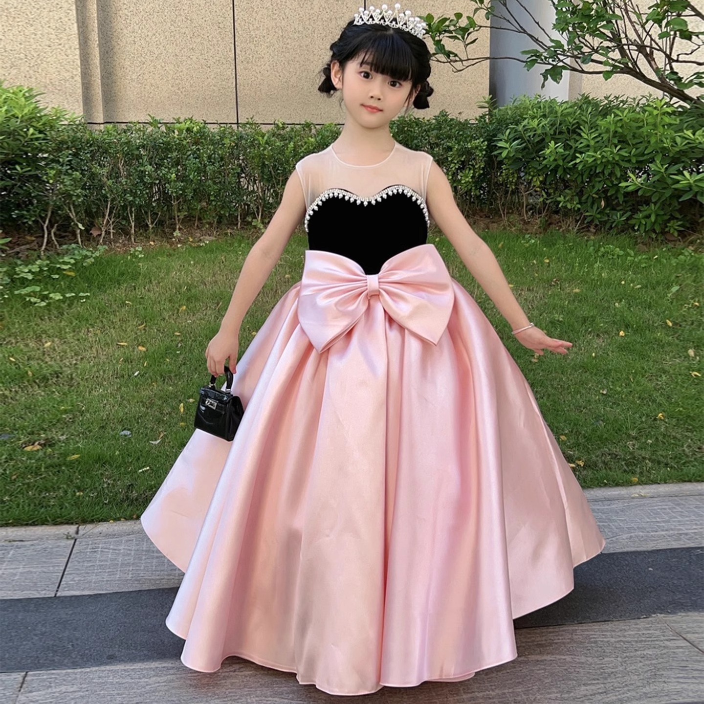 粉色女童礼服轻奢儿童小主持人舞台演出服钢琴演奏生日公主蓬蓬裙