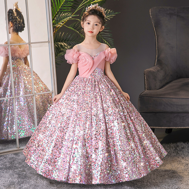 新款女童主持人礼服粉色亮片儿童礼服公主裙走秀模特钢琴表演