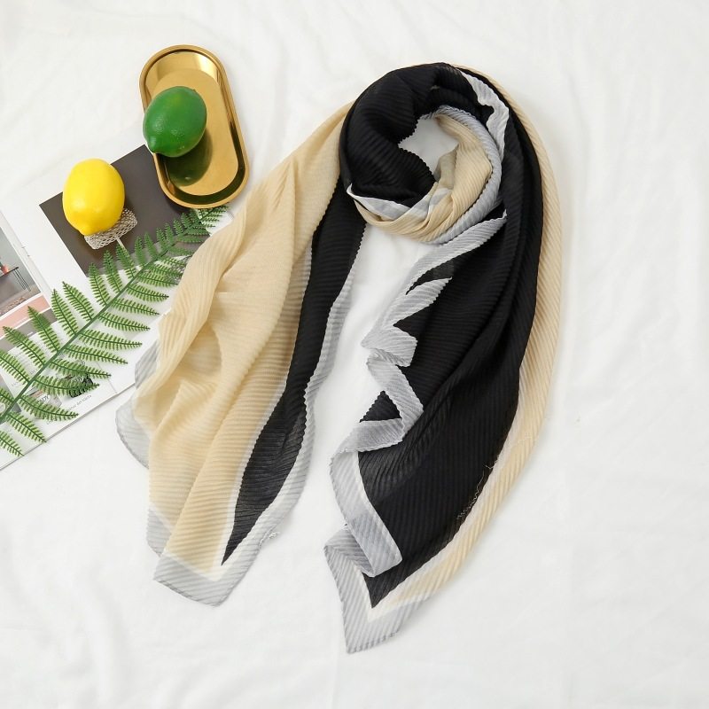 热卖新款简约百变黑白印花压皱褶皱亚麻手感肌理布料包头加长围巾