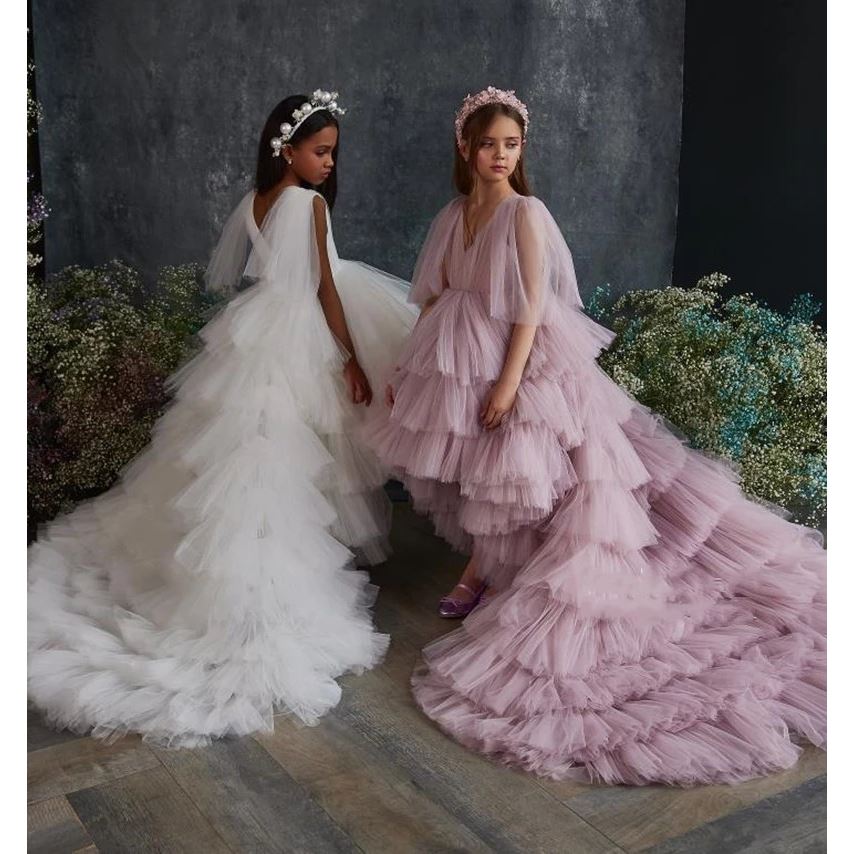 热款儿童拖尾礼服女童钢琴生日演出服花童模特走秀前短后长