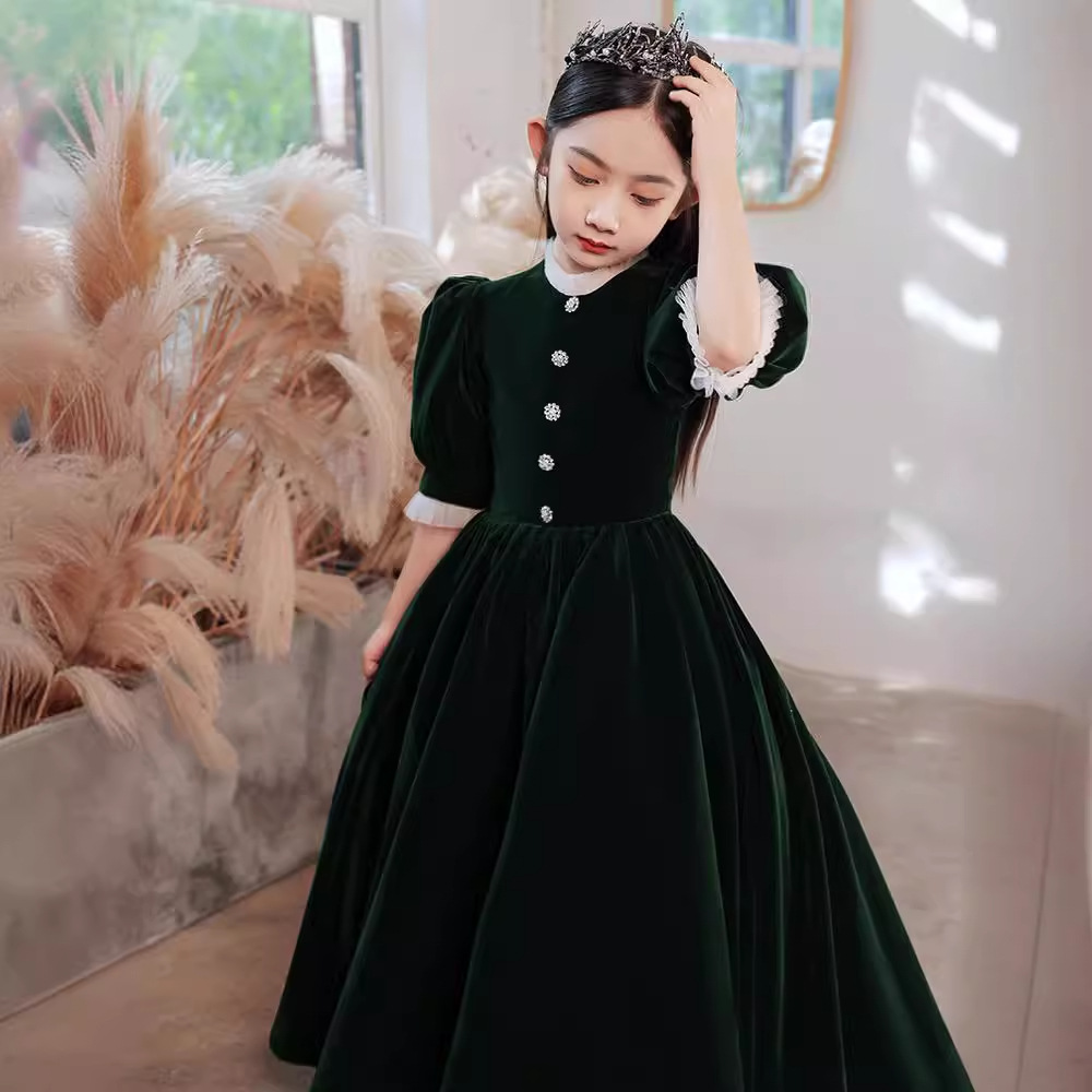 儿童礼服秋季公主裙蕾丝袖口墨绿长款小女孩蓬蓬纱钢琴演出晚礼服