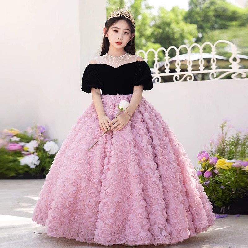 粉色花朵女童晚礼服生日公主裙蓬蓬小主持人儿童钢琴演出服夏