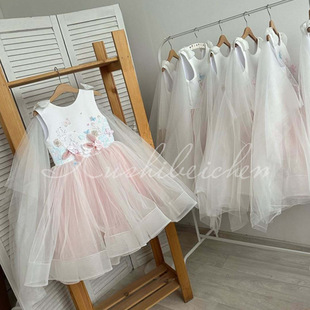 Girls dress公主裙女童手工立体花朵网纱欧美风儿童礼服 formal