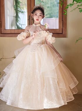 女童晚礼服公主裙香槟色轻奢小众挂脖式一字肩新款花童礼服裙