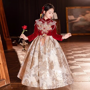 新中式儿童礼服小众轻奢生日女童旗袍晚礼服长袖连衣裙表演服