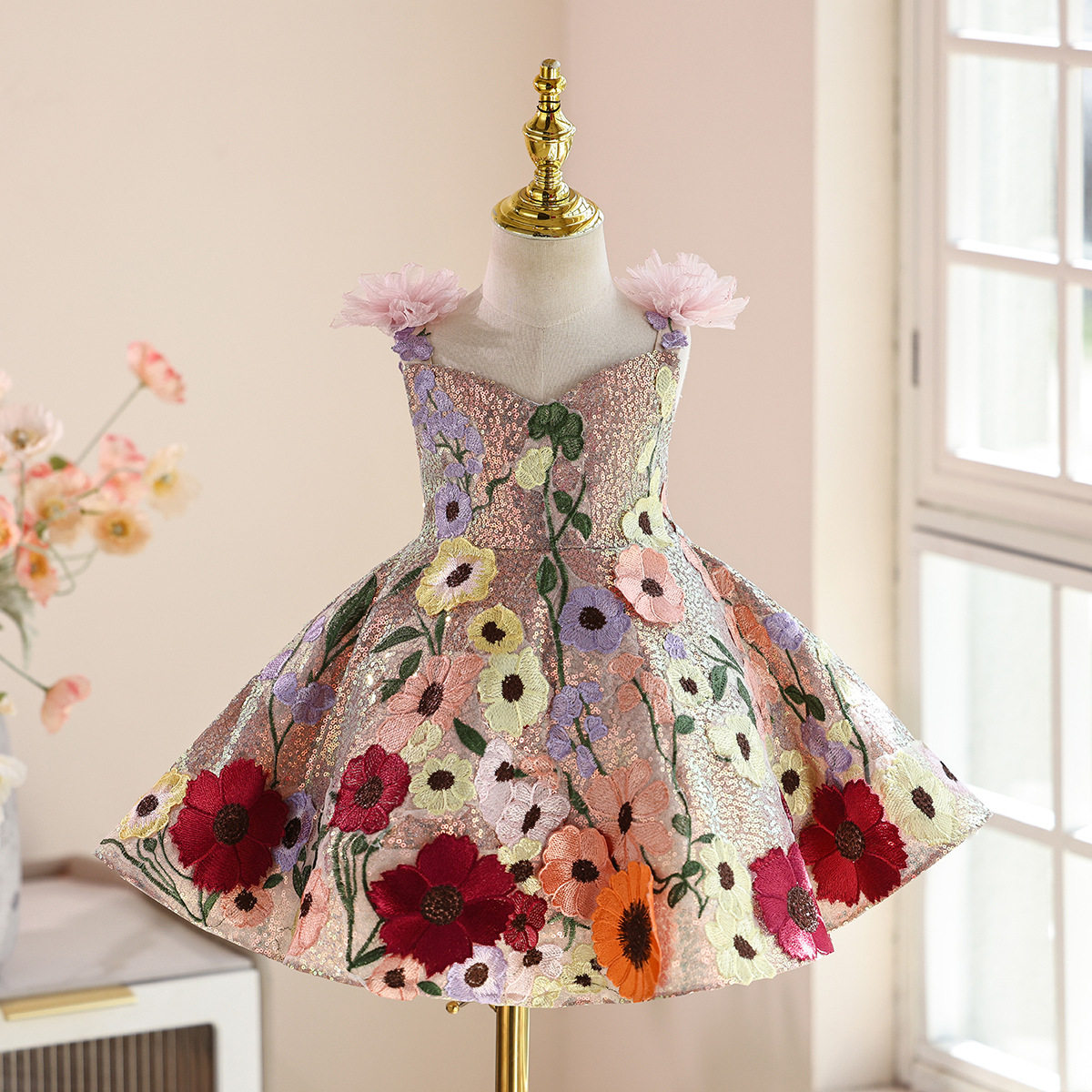 女童晚礼服轻奢小众儿童婚纱小主持人钢琴演奏演出服花朵