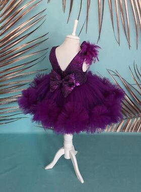 女童晚礼服优雅重工亮片晚宴网纱蓬蓬裙甜美蝴蝶结无袖紫色公主裙